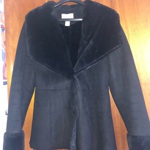 WHBM Suede and Faux Fur Button Down Black Coat